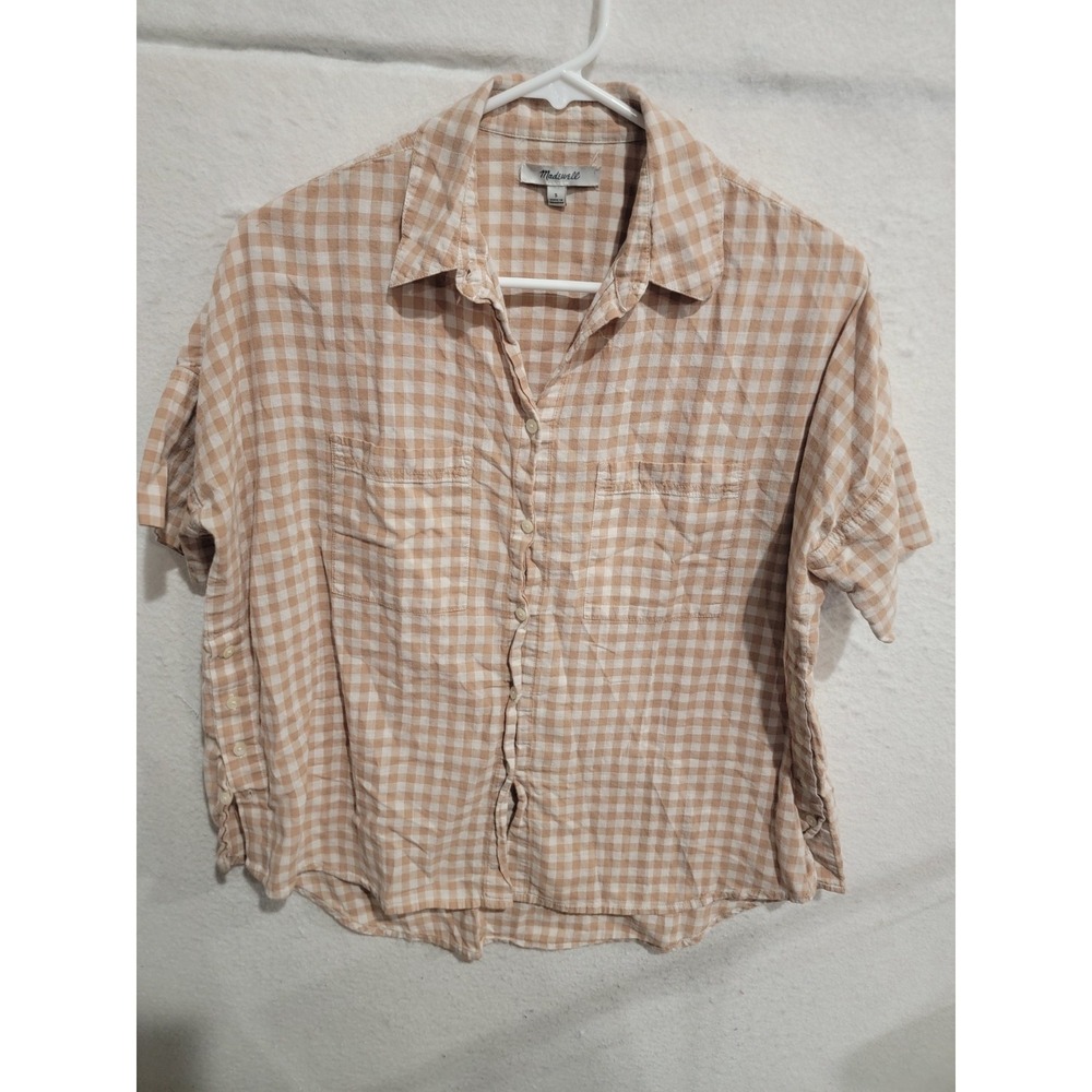 Madewell Gingham Check Button Down Shirt Small S Tan White Short Sleeve